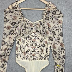 Free People Floral Milkmaid Coquette Bodysuit Ruched Ivory Sheer S